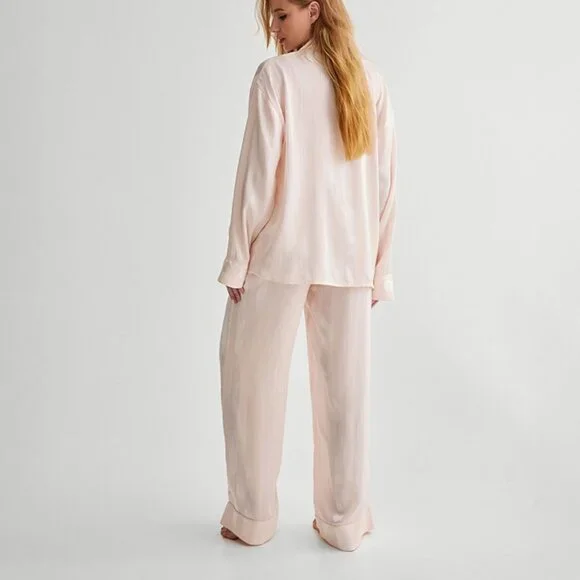 Nasty Gal Striped Jacquard Long Sleeves Pajama Set Champagne NWT - Picture 2 of 3